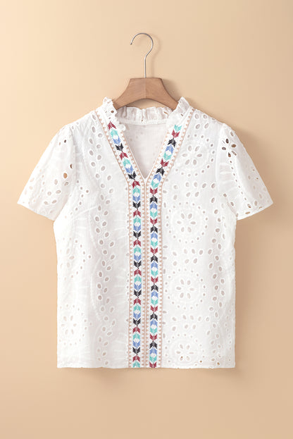 Geometric Embroidered Eyelet V-Neck Blouse