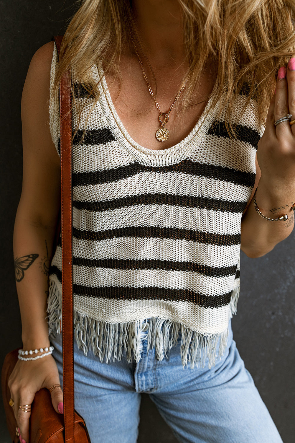 Stripe  Fringe Scoop Neck Top