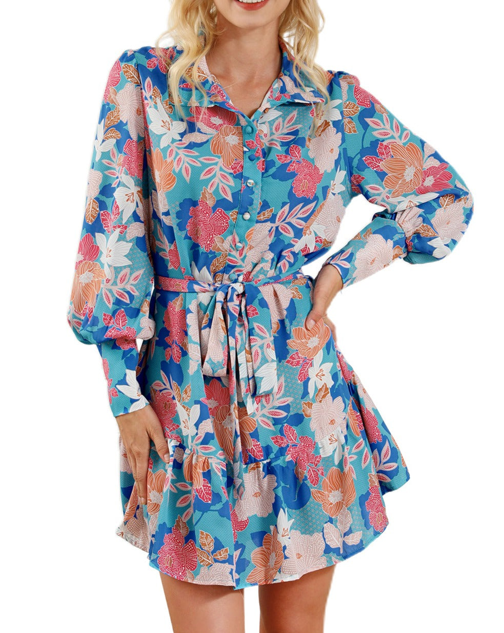 Floral Lantern Sleeve Belted Dress