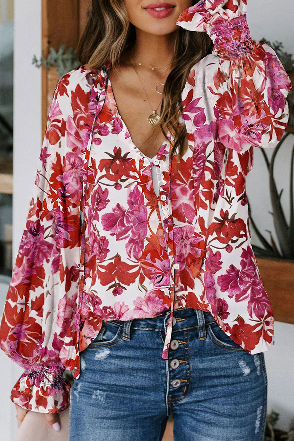 Boho Floral Smocked Puff Sleeve Blouse