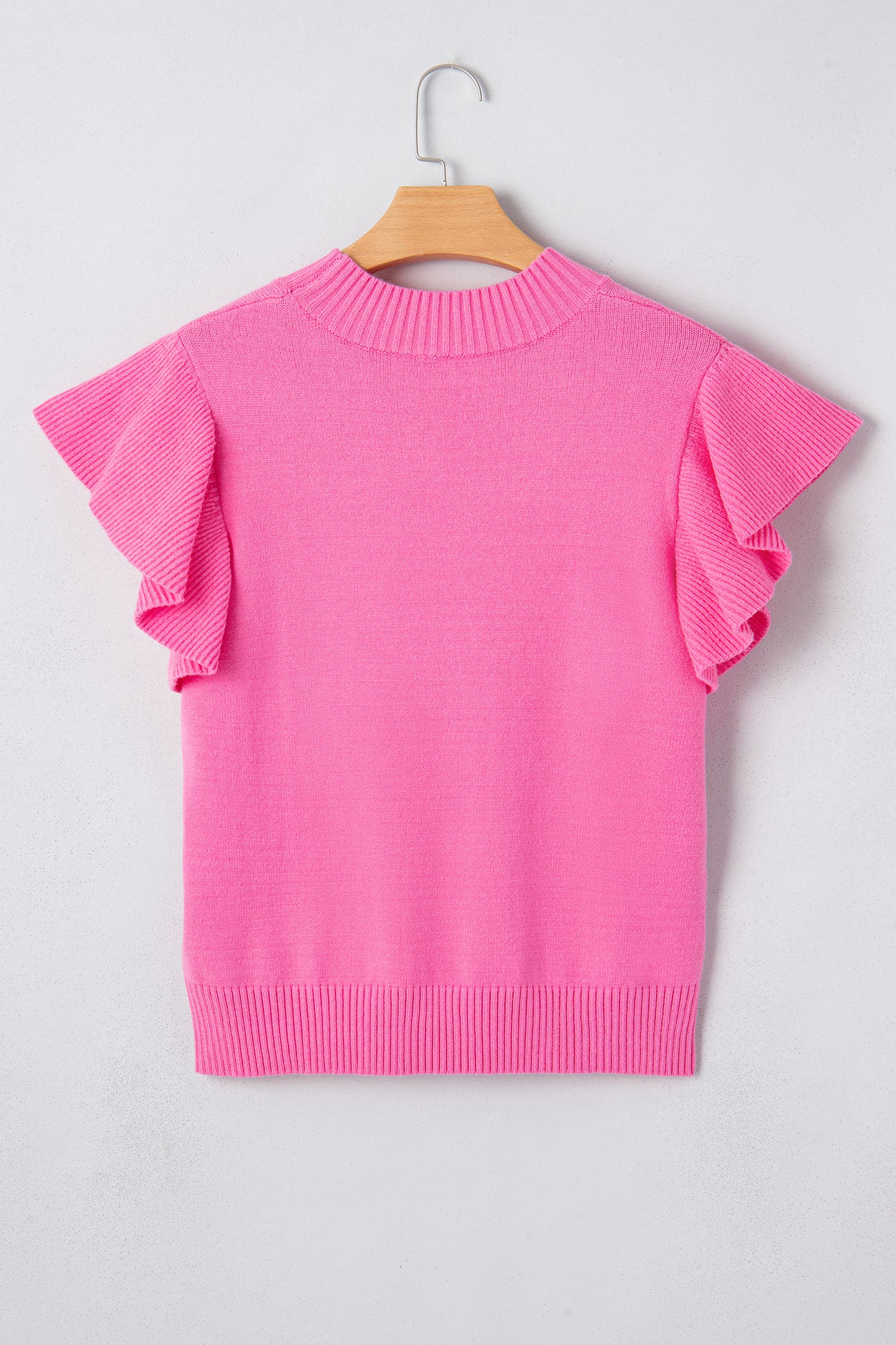 Solid Ruffle Sleeve Round Neck Ribbed Sweater