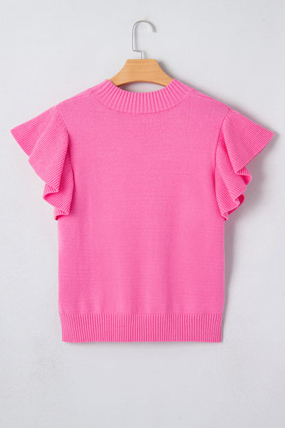 Solid Ruffle Sleeve Round Neck Ribbed Sweater