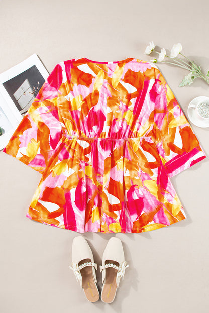 Abstract 3/4 Sleeve Ruffle Babydoll Blouse