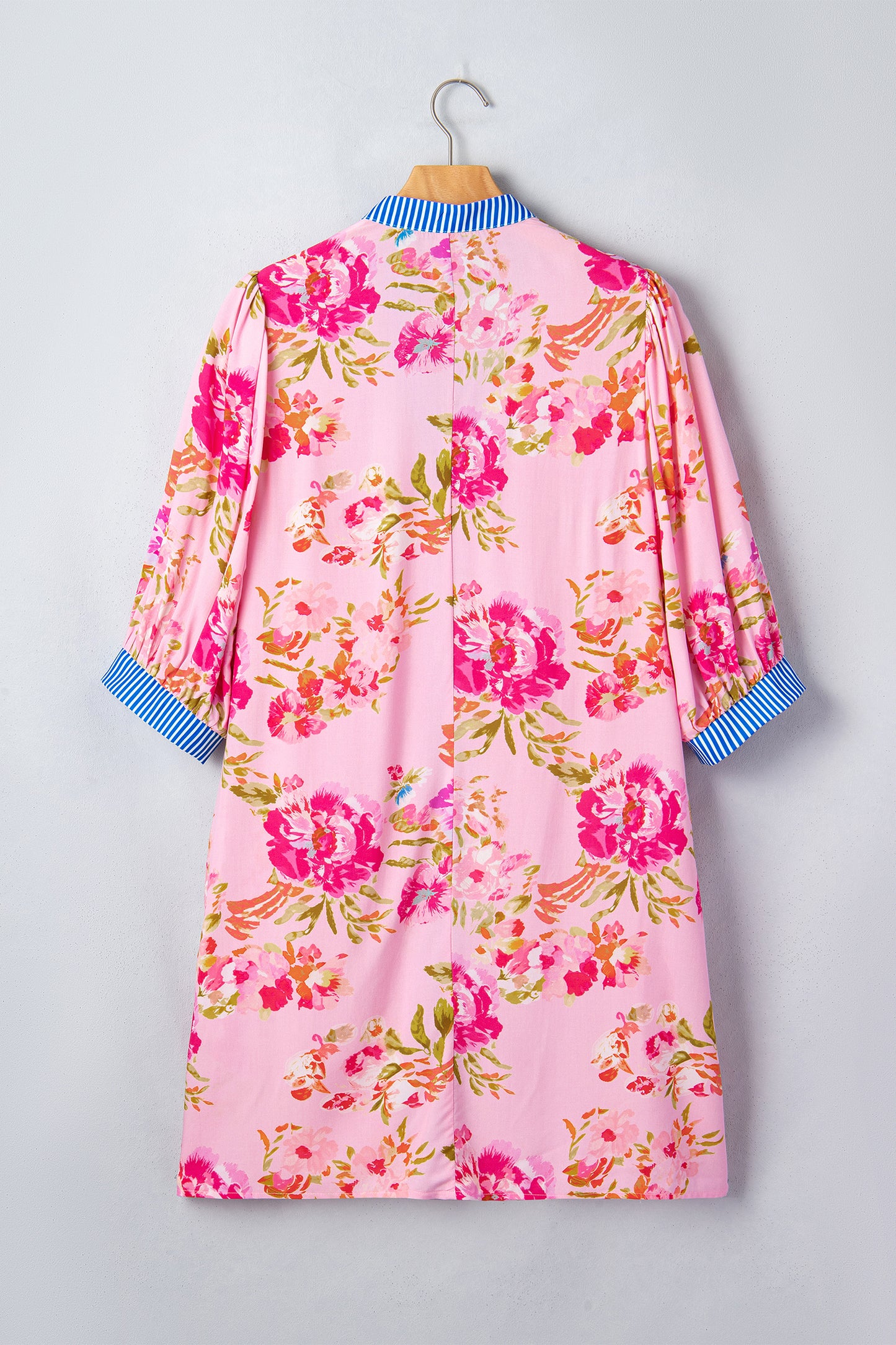 Floral Stripe Patchwork Trim 3/4 Sleeve Mini Dress