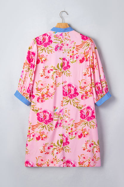 Floral Stripe Patchwork Trim 3/4 Sleeve Mini Dress