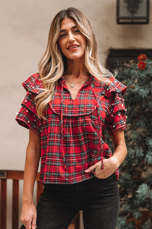 Christmas Plaid Pearl Embellished Ruffle Sleeve Blouse