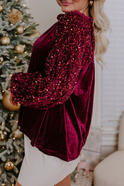 Sequin Velvet Buttoned V-Neck Top