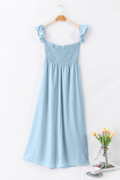 Off Shoulder Ruched Bust Sheer Slit Maxi Dress