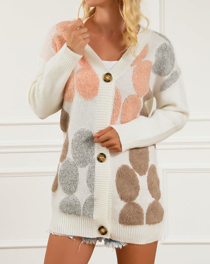 Dotted Floral Buttoned Fuzzy Cardigan