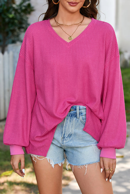 Waffle V-Neck Long Sleeve Blouse