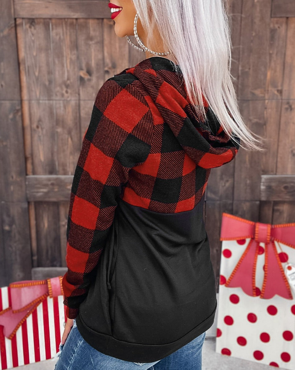 Plaid Half Zip Hooded Top