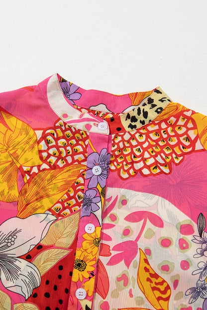 Floral Abstract Leopard Buttoned Ruffle Bubble Sleeve Shirt