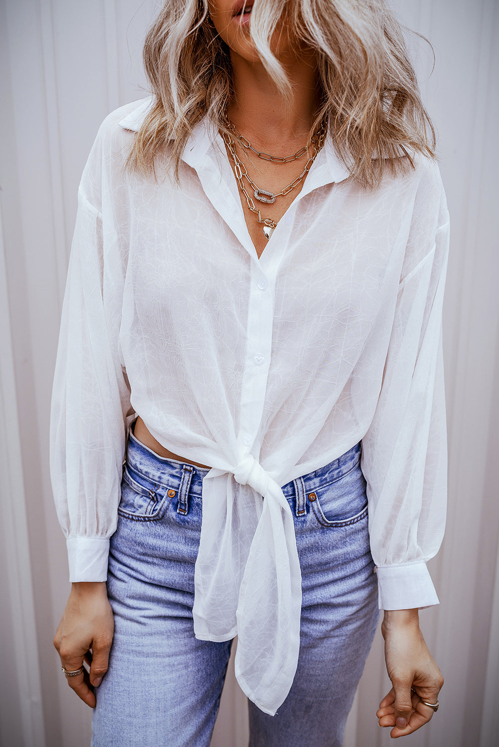 Sheer Tie Front Buttoned Shirt