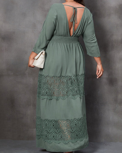 Smocked Lace 3/4 Sleeve Dress Plus Size