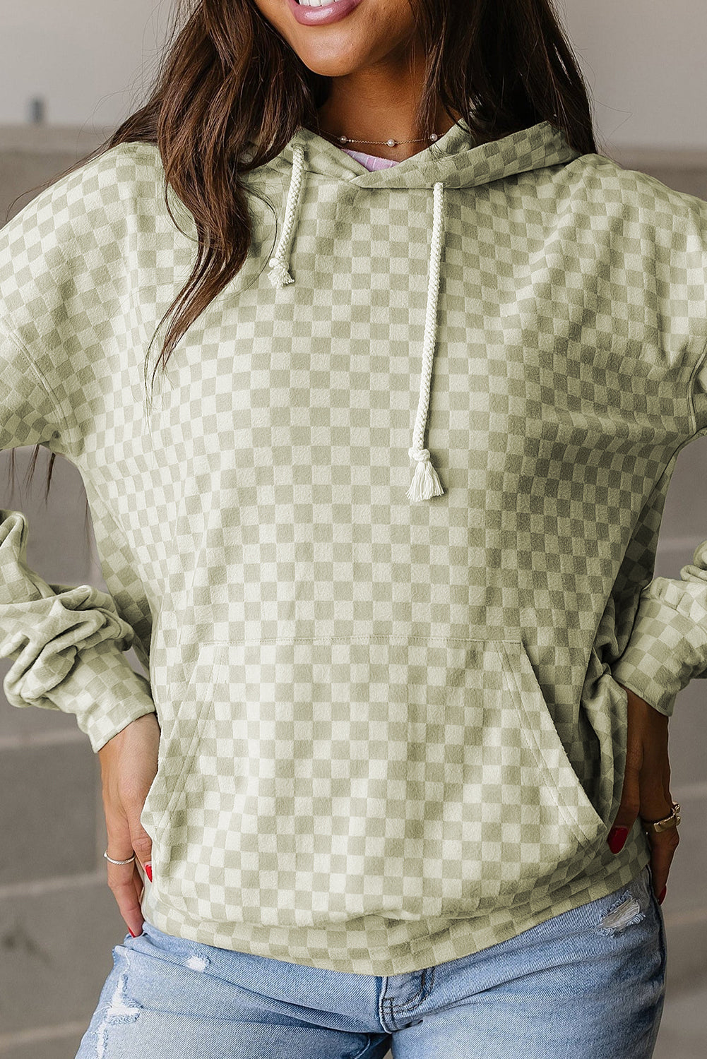 Checker Kangaroo Pocket Drawstring Hoodie