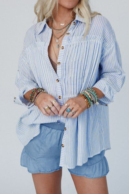 Stripe Pleated Ruffle Buttoned Shirt