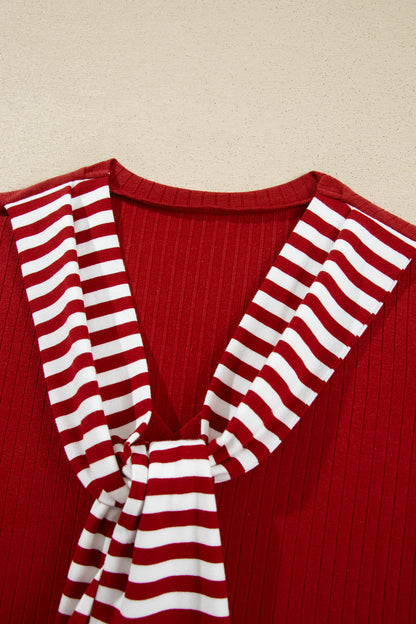 Stripe Contrast Tie Neck Cuffed Long Sleeve Top