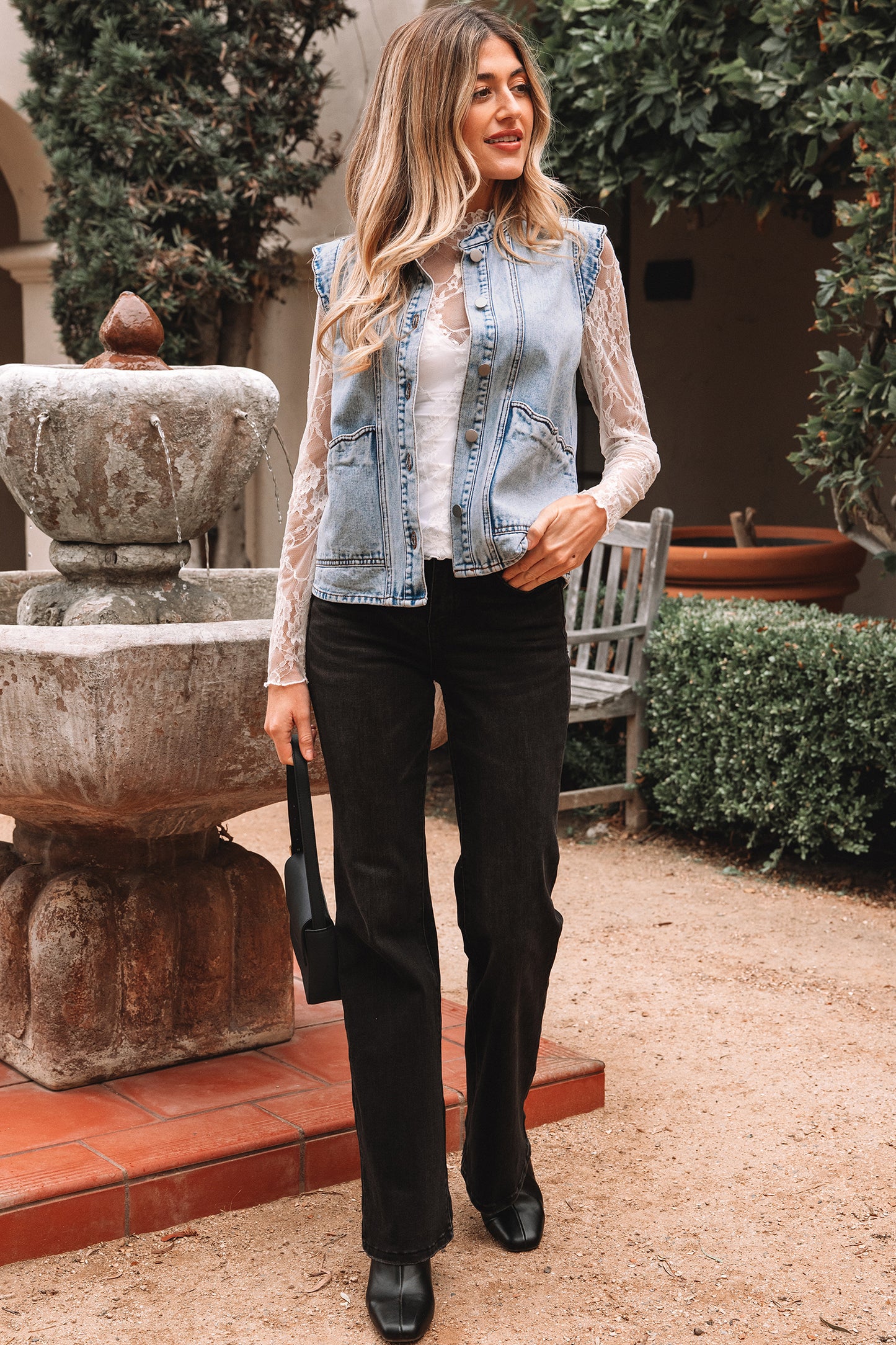 Denim Button-Front Scallop Trim Patch Pocket Vest