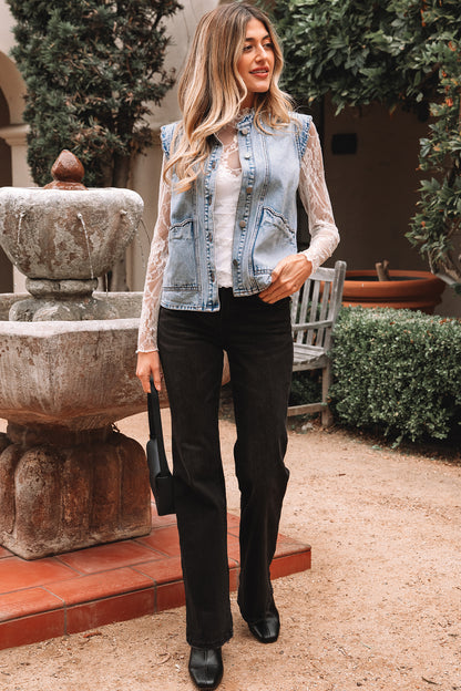 Denim Button-Front Scallop Trim Patch Pocket Vest