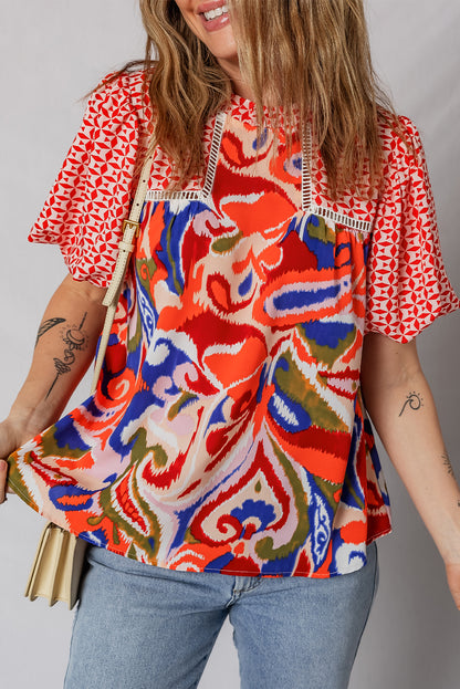 Paisley Geometric Patchwork Puff Sleeve Blouse