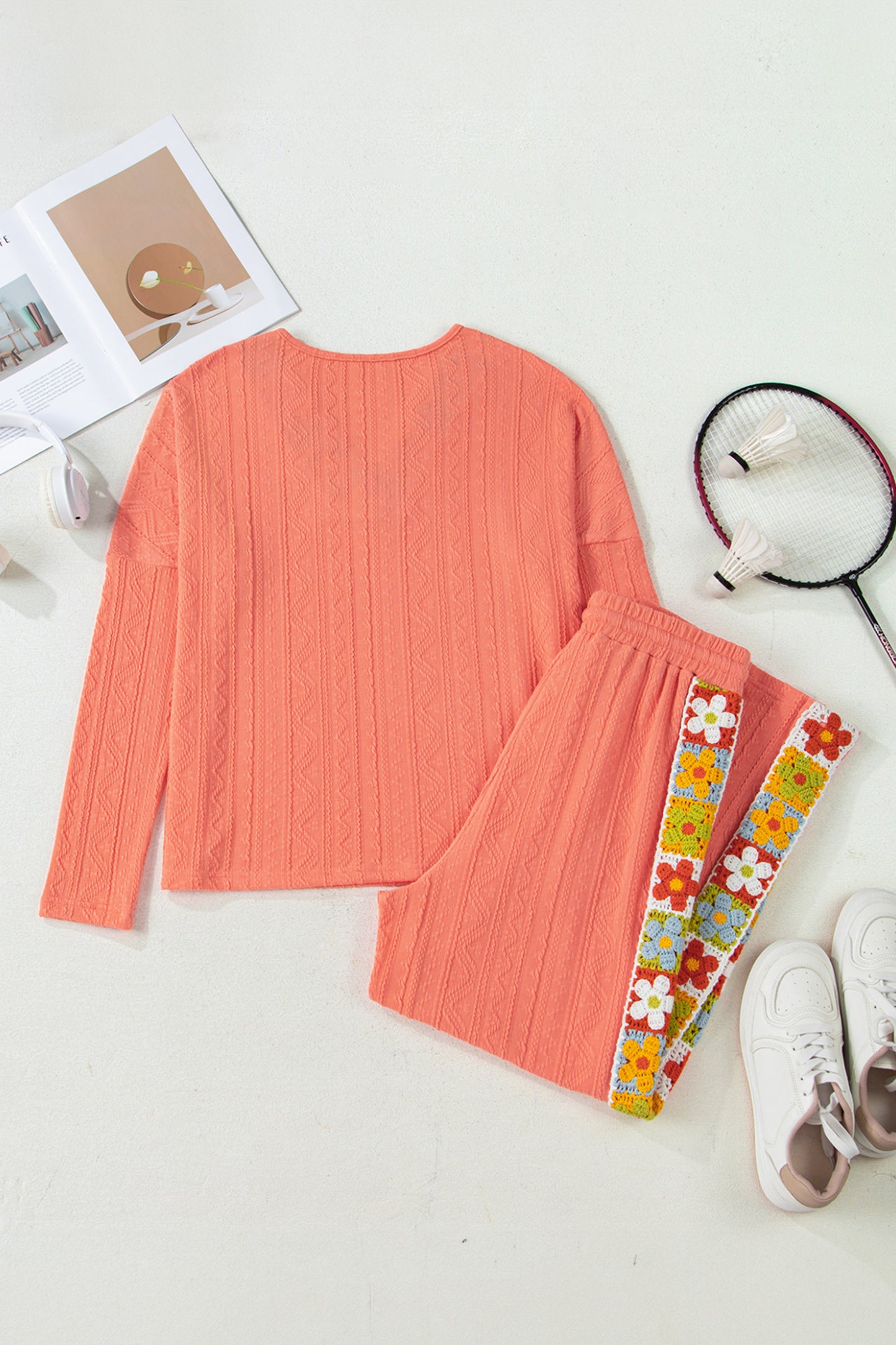 Floral Crochet Trim Textured Top and Pants Set