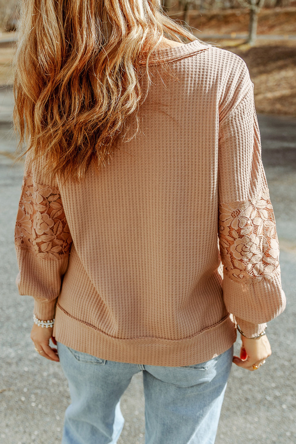 Lace Waffle Patchwork Long Sleeve Top