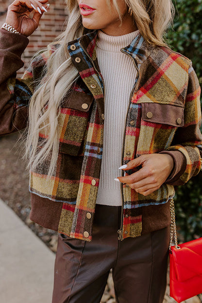 Plaid Button Stand Neck Jacket