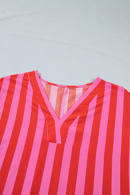 Stripe V-Neck Cuffed Sleeve Split Midi Dress