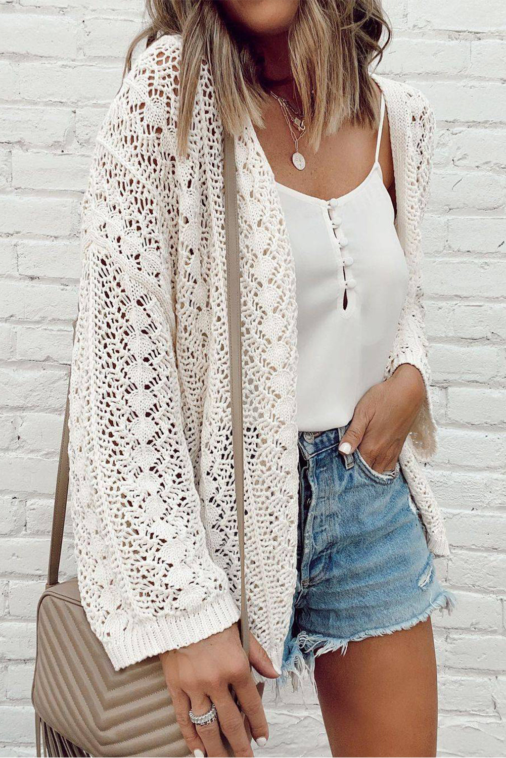 Hollowed Knit 3/4 Sleeve Cardigan