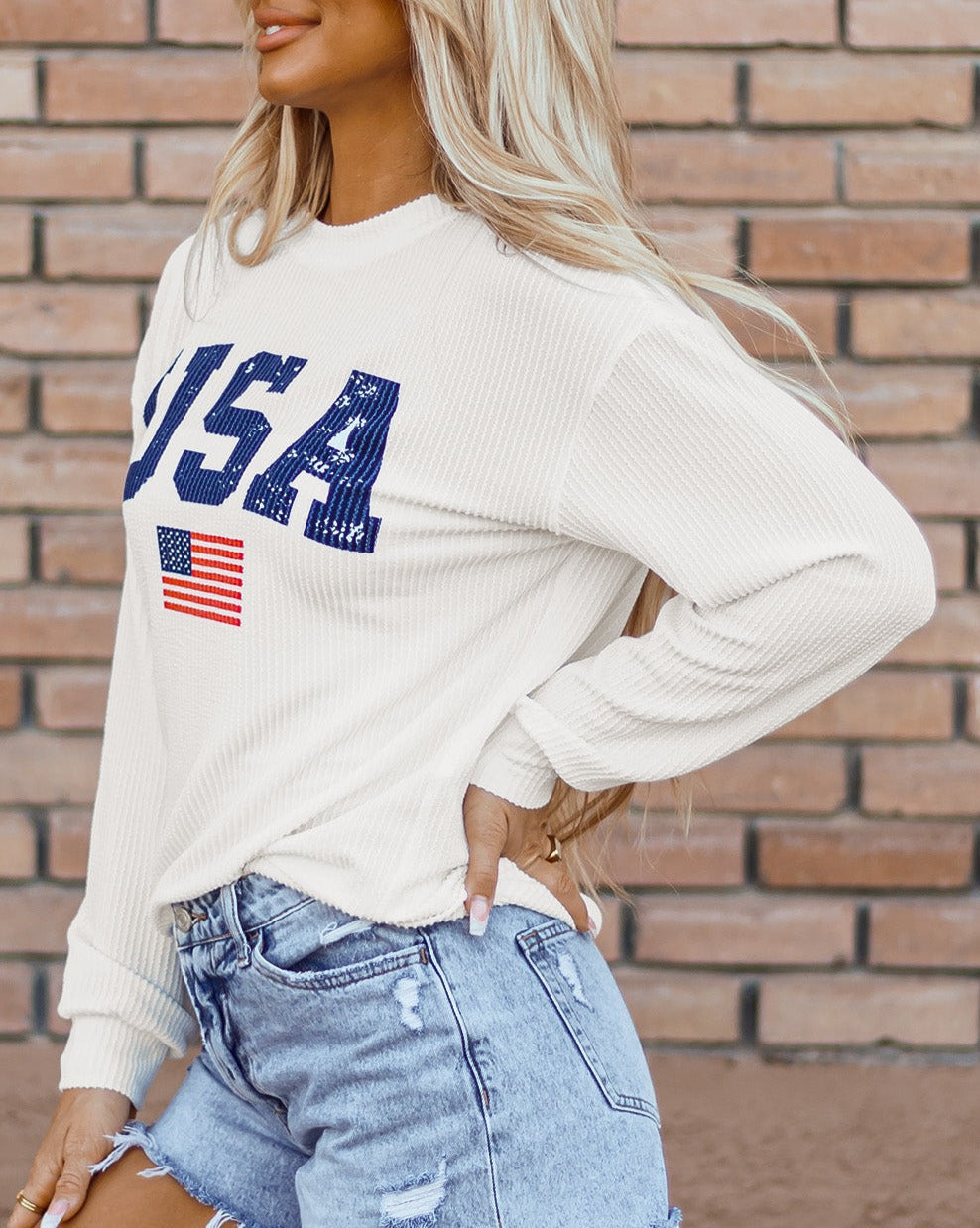 USA Flag Corded Crewneck Sweatshirt