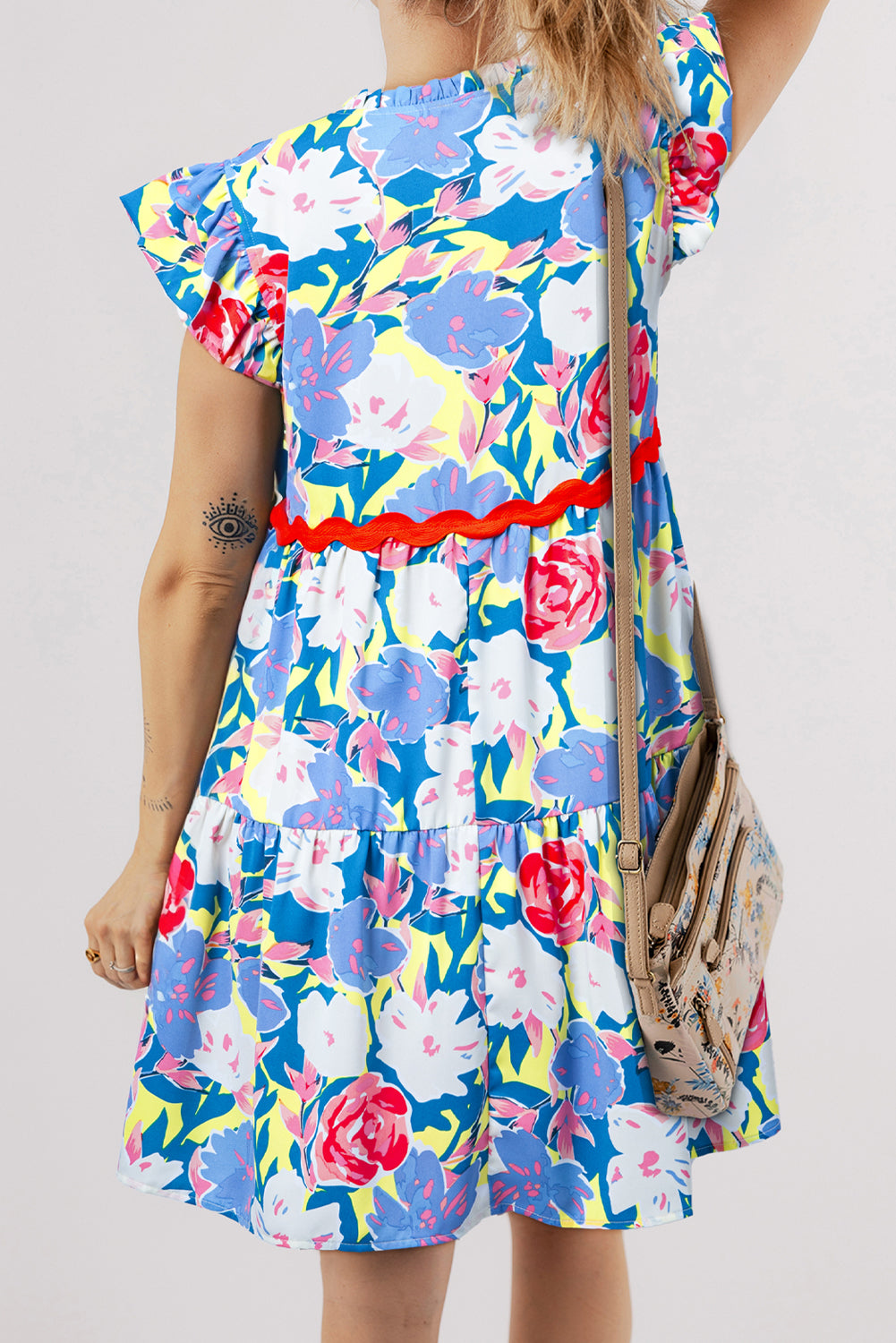 Floral Ric-Rac Flutter Sleeve V-Neck Dress