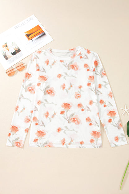 Plus Size Floral Sheer Mesh Long Sleeve Top