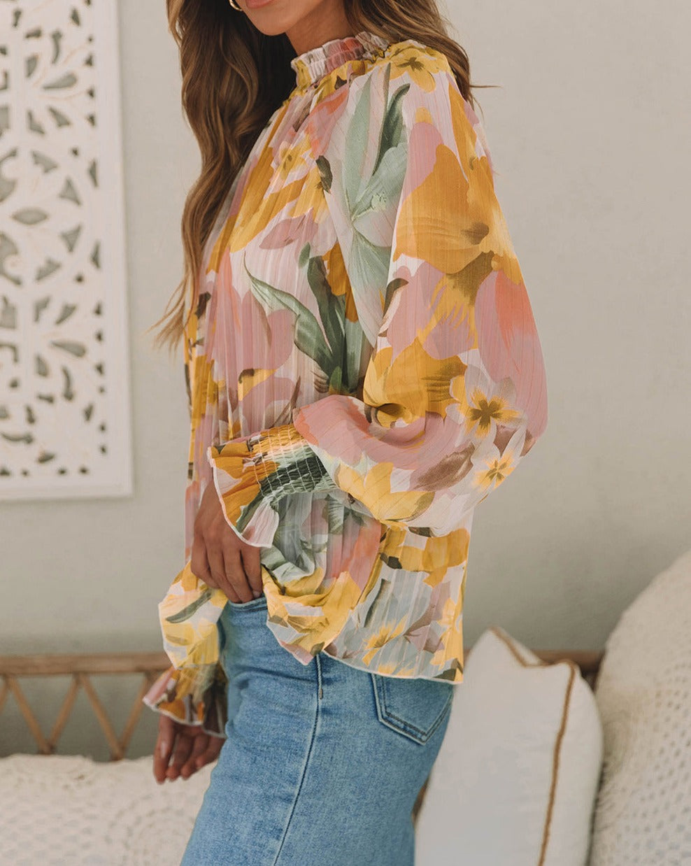 Floral Pleated Mock Neck Blouse