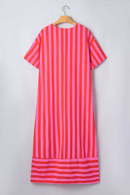 Stripe V-Neck Cuffed Sleeve Split Midi Dress