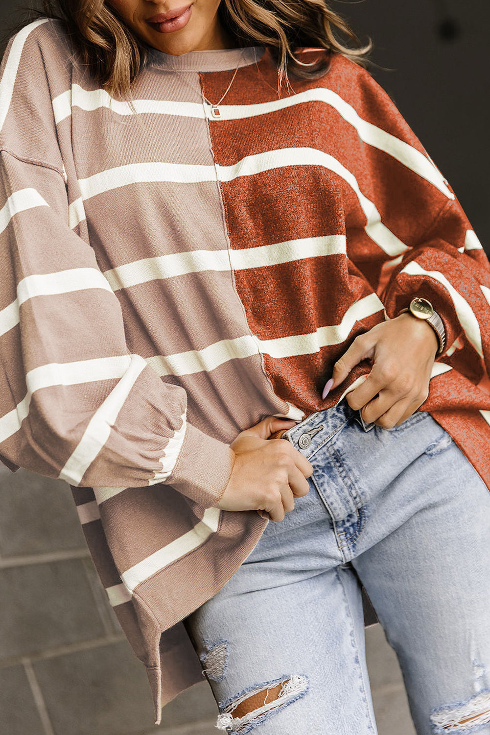 Stripe Colorblock Dropped Shoulder Top