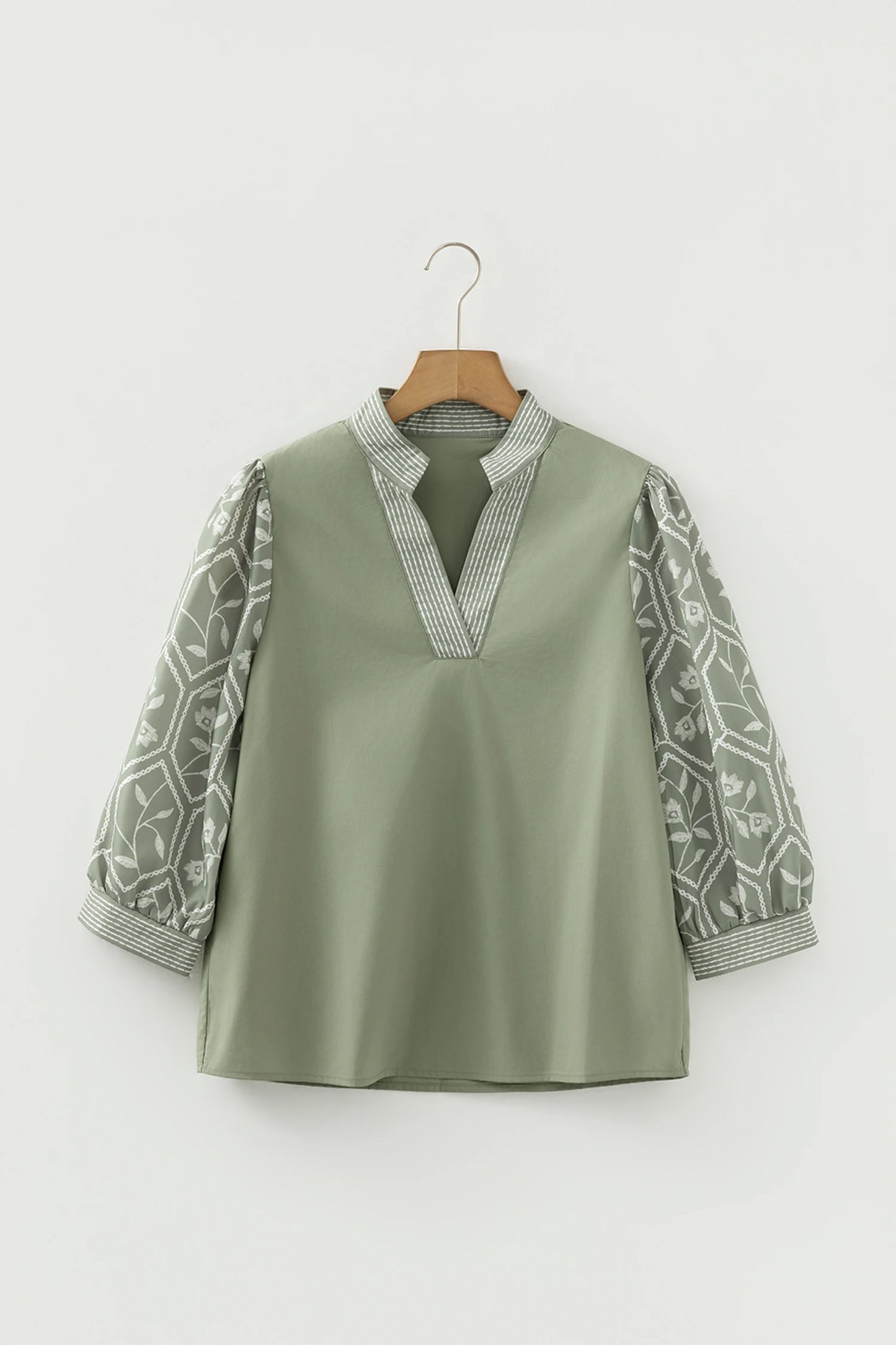 Floral Patchwork Contrast V-Neck Puff Sleeve Blouse
