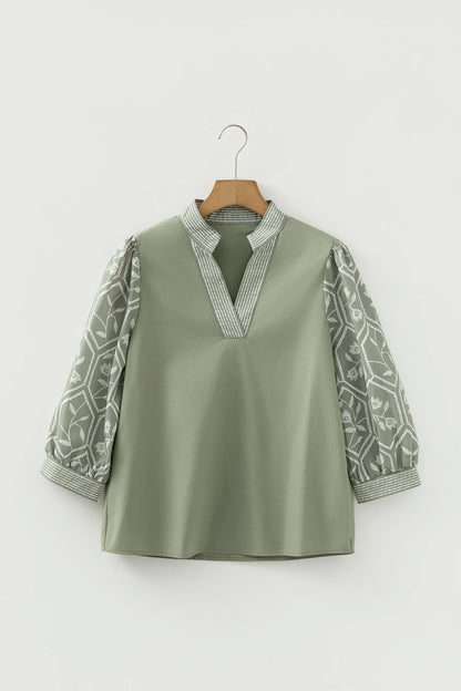 Floral Patchwork Contrast V-Neck Puff Sleeve Blouse