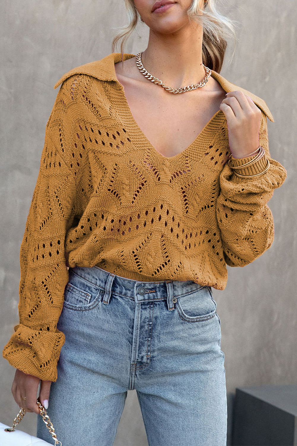 Hollowed Knit Collared V-Neck Sweater