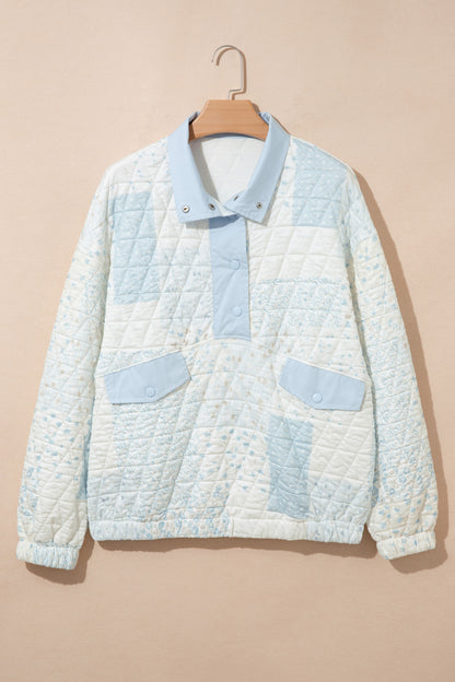 Floral Quilted Half Button Pocket Pullover Sweatshirt