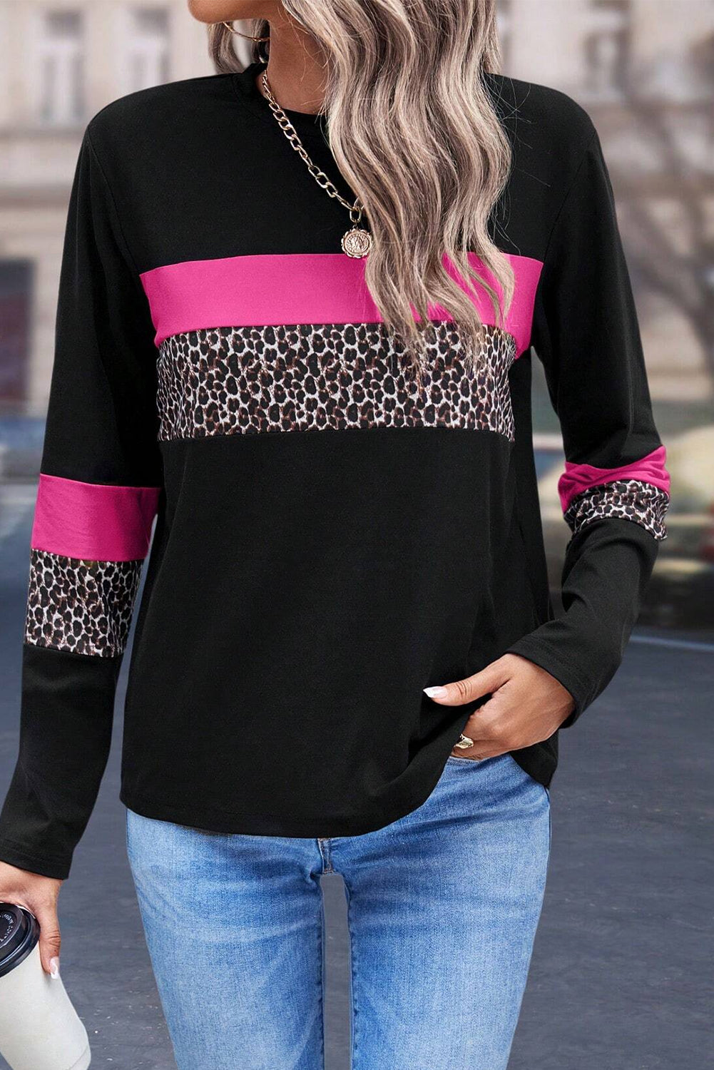 Colorblock Leopard Crewneck Tee