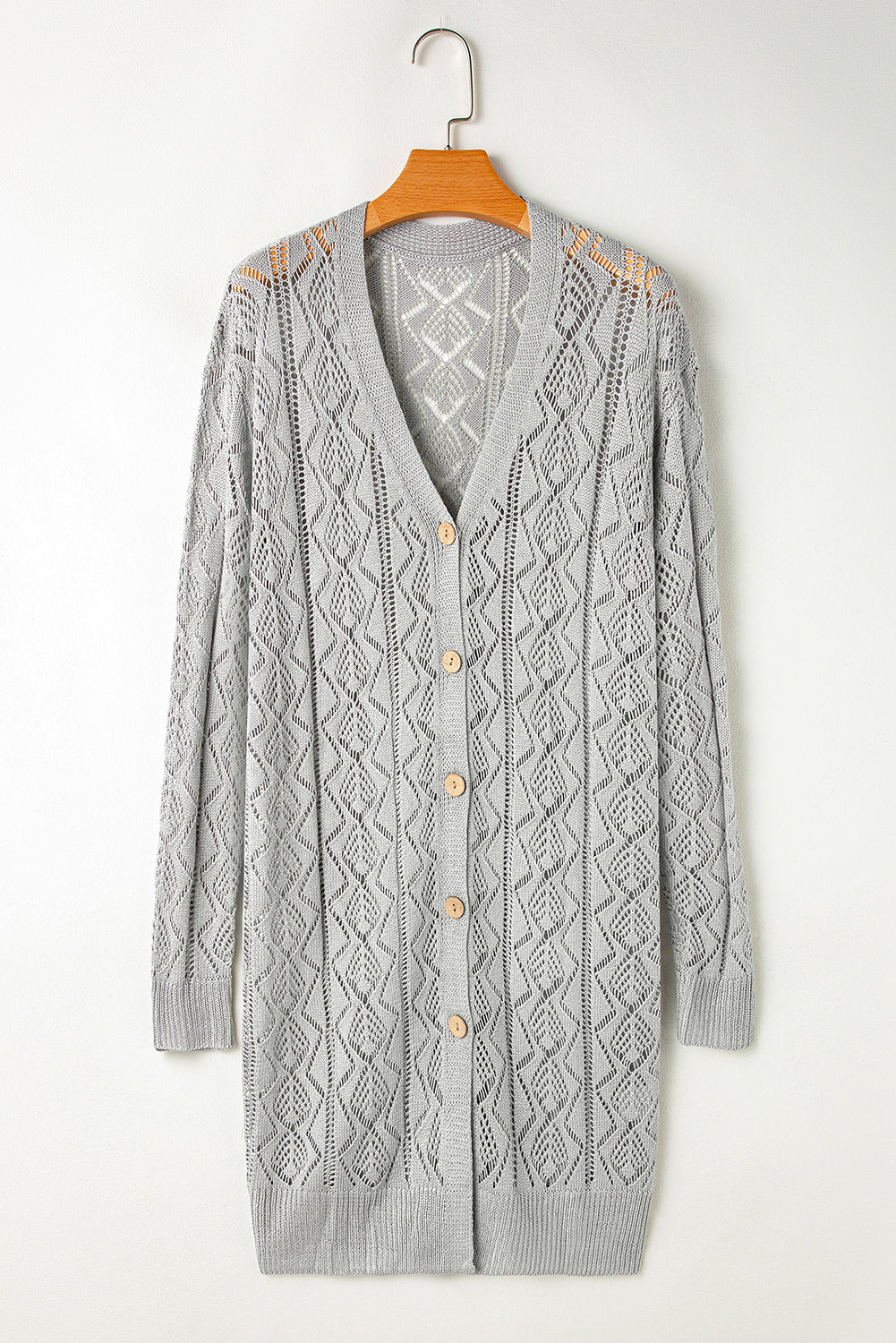 Hollowed Knit Buttoned Long Cardigan