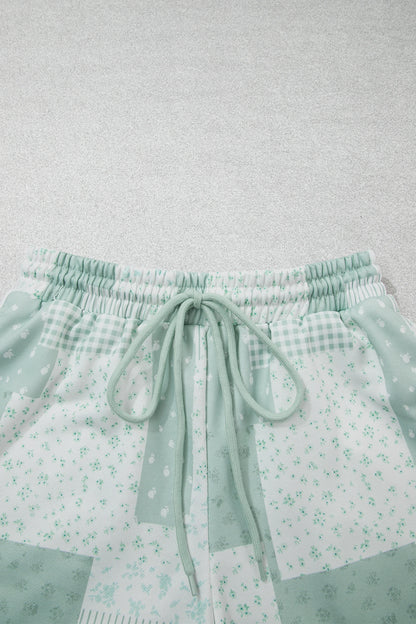 Floral Patchwork Sweatshirt & Drawstring Shorts Set