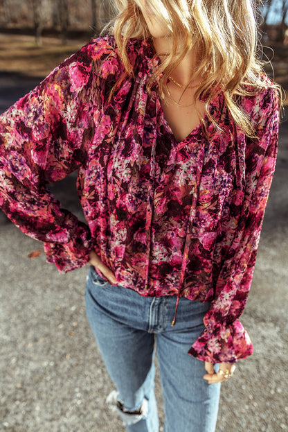 Floral Drawstring Ruffle V-Neck Blouse