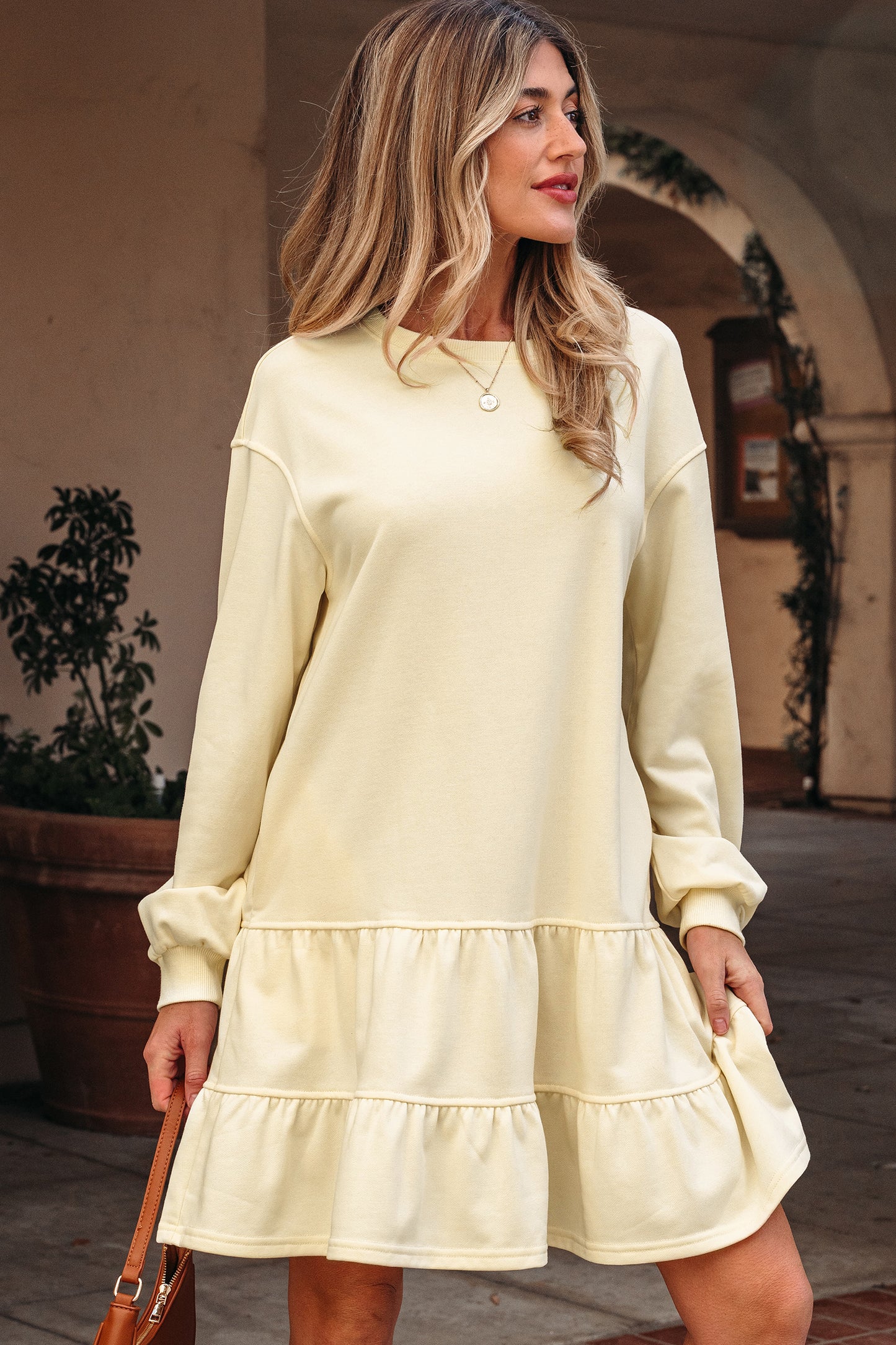 Solid Tiered Ruffle Hem Long Sleeve Dress