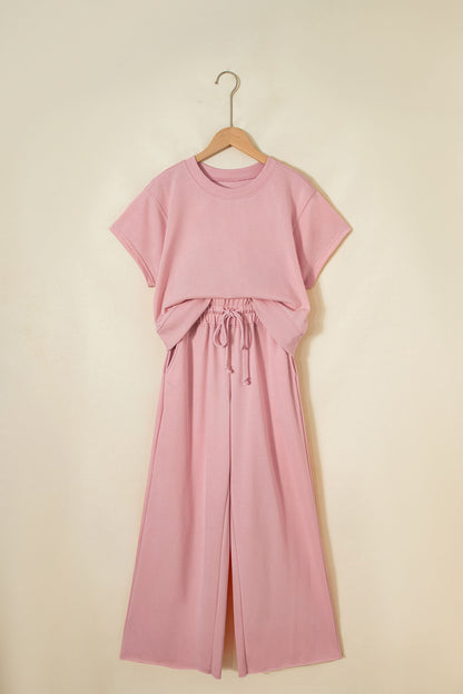 Solid Tee & Wide Leg Raw Hem Pants Set