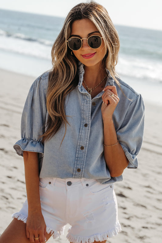 Chambray Ruffle Short Puff Sleeve Buttoned Shirt