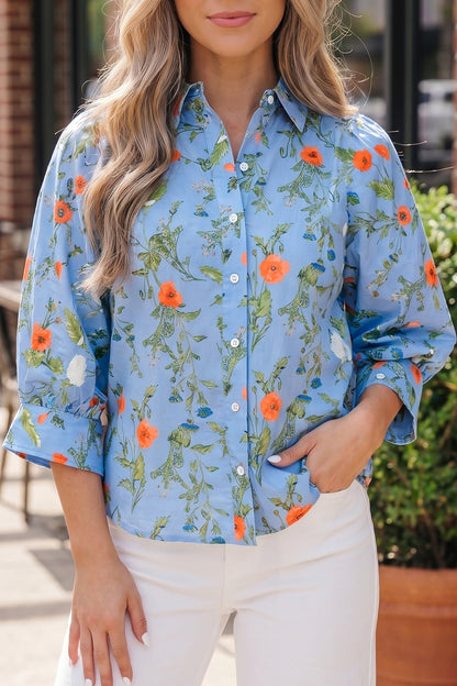 Floral 3/4 Sleeve Button Down Collared Blouse