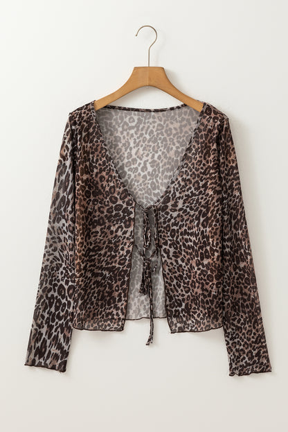 Leopard Sheer Mesh V-Neck Lace-up Top