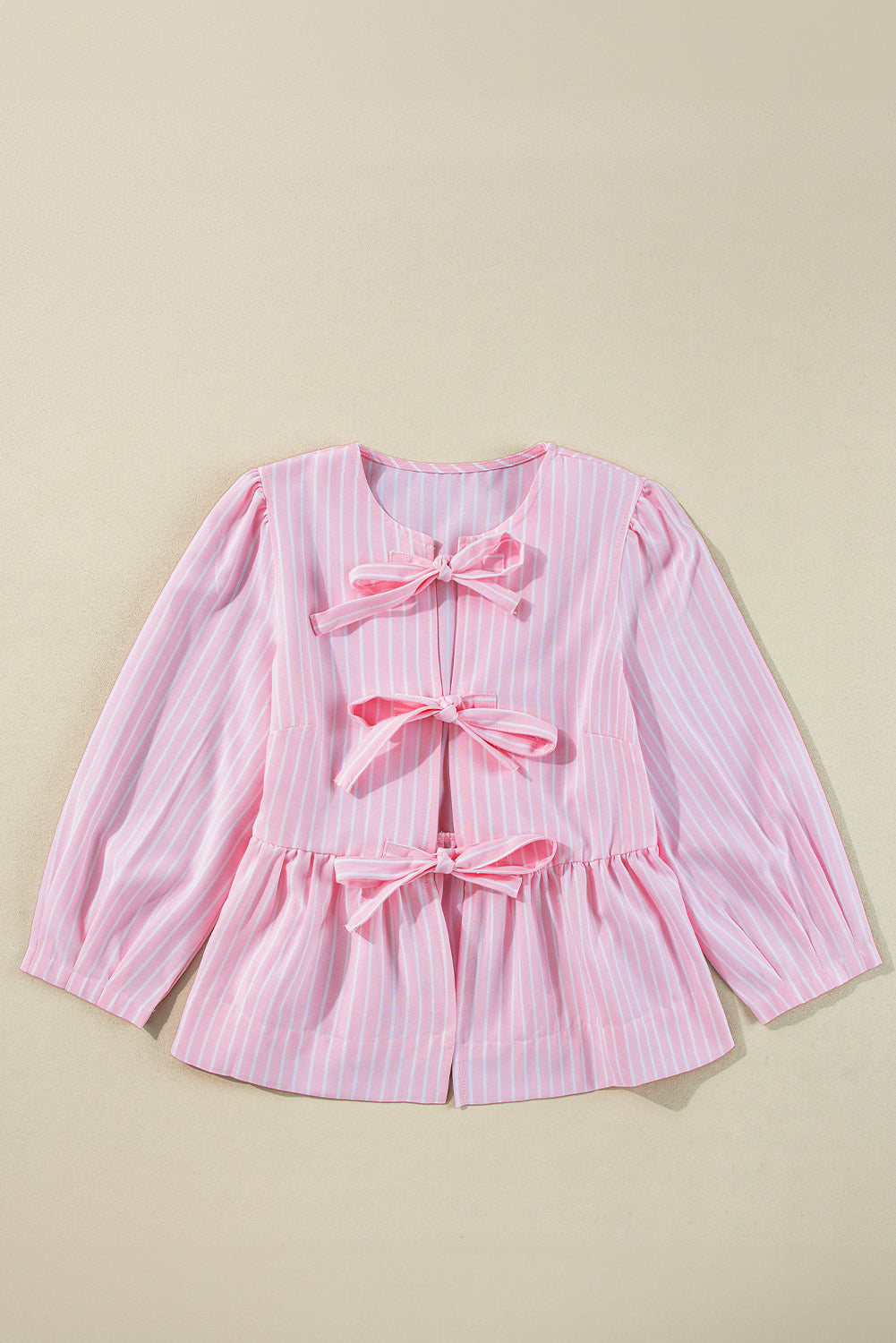 Stripe Bow Front Puff Sleeve Blouse