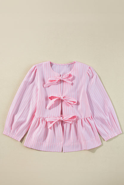 Stripe Bow Front Puff Sleeve Blouse